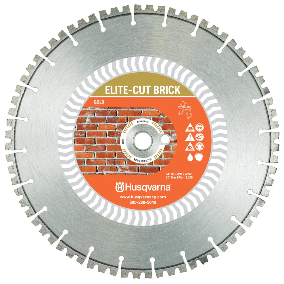 Husqvarna 589518301 20-inch Elite-Cut Gold diamond masonry saw blade with 1-inch DP arbor for wet and dry brick cutting.