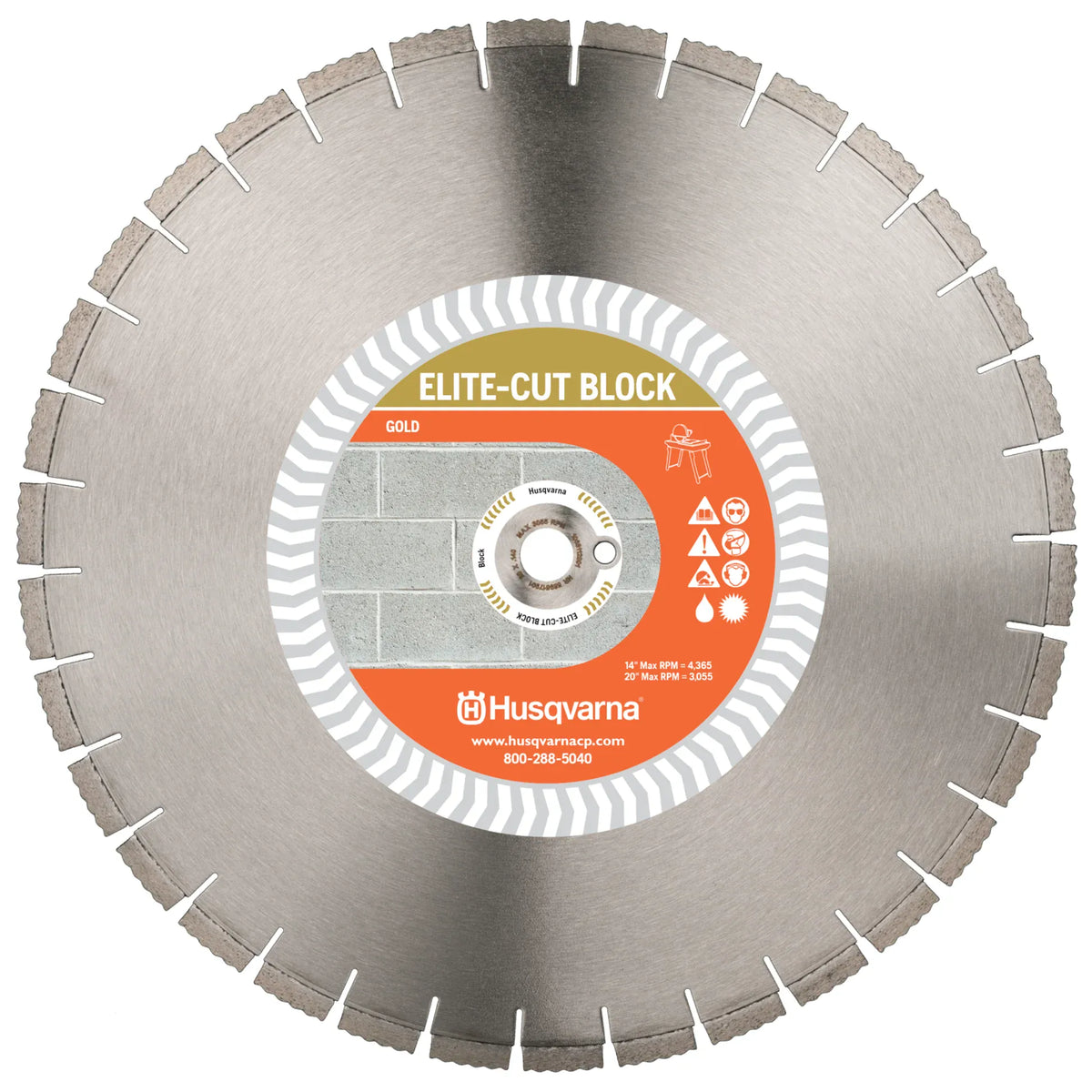 Husqvarna 589518701 20-inch Elite-Cut Block Gold diamond blade with 1-inch DP arbor for wet cutting lightweight CMU blocks.