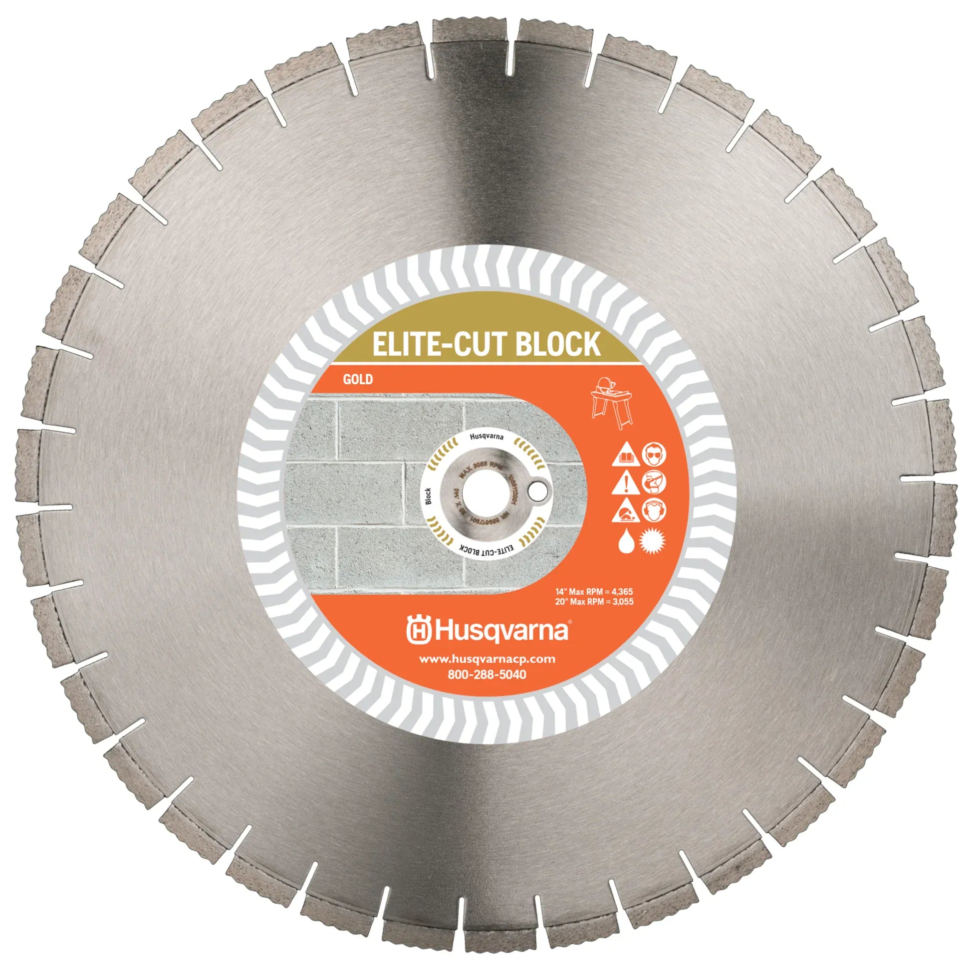 Husqvarna 589518701 20-inch Elite-Cut Block Gold diamond blade with 1-inch DP arbor for wet cutting lightweight CMU blocks.