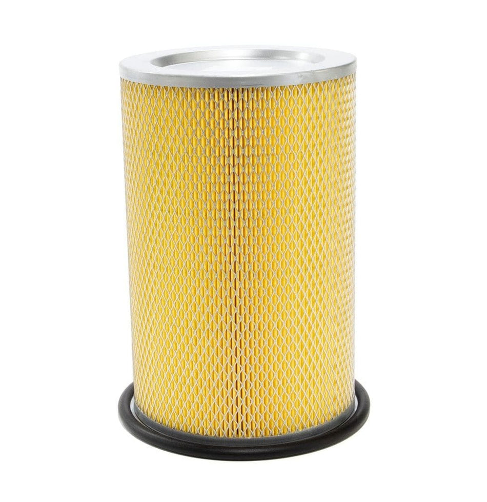 Cylindrical HEPA air filter with yellow pleated paper element, metal mesh casing, and reinforced top and bottom edges; designed for Husqvarna T-Line dust collectors including models T7500, T8600, T10000, and T18000.