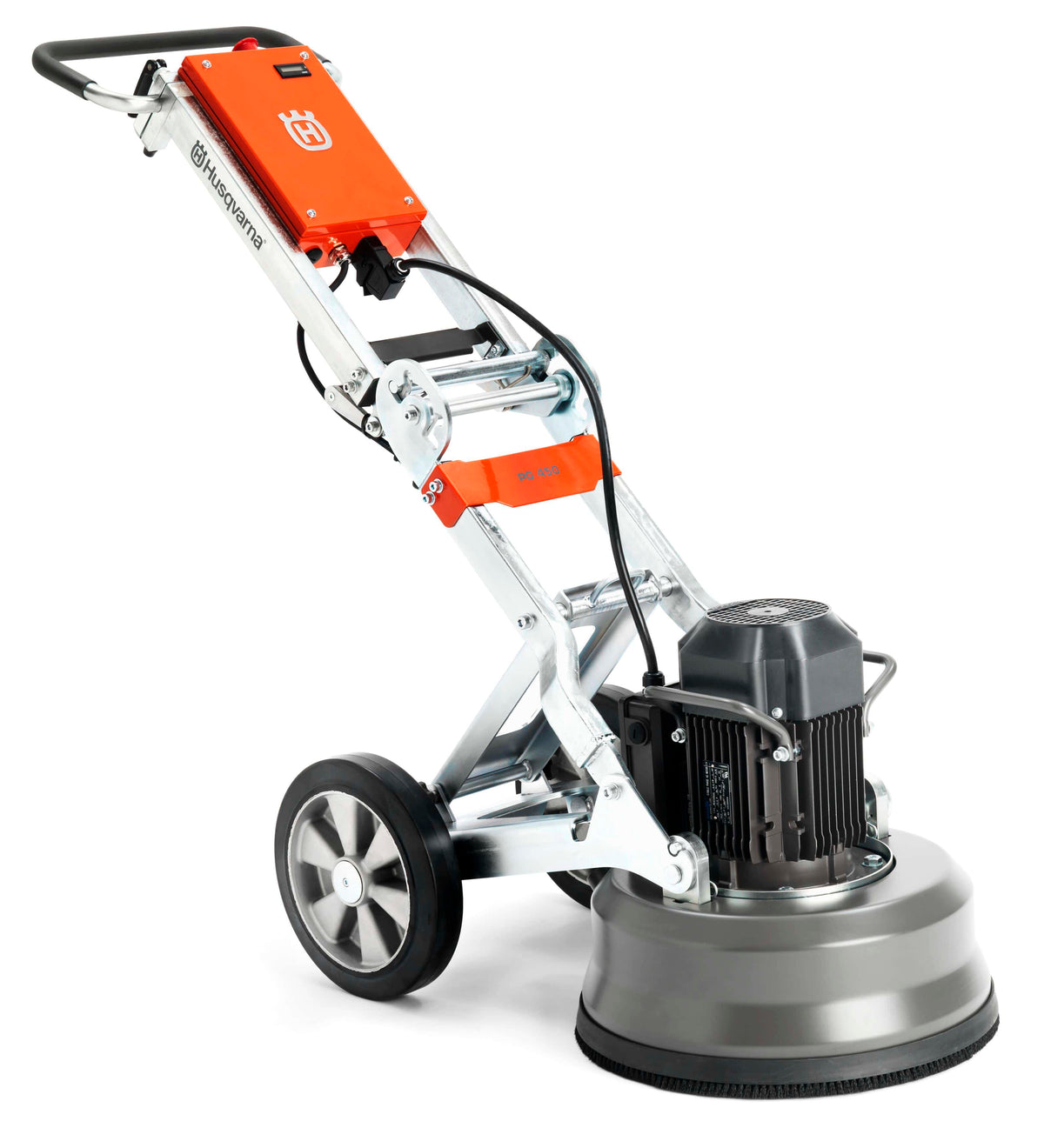 Three-quarter studio view of the Husqvarna PG 450 planetary floor grinder, showcasing its robust 18-inch grinding head, adjustable metal frame, and large transport wheels for industrial concrete polishing.