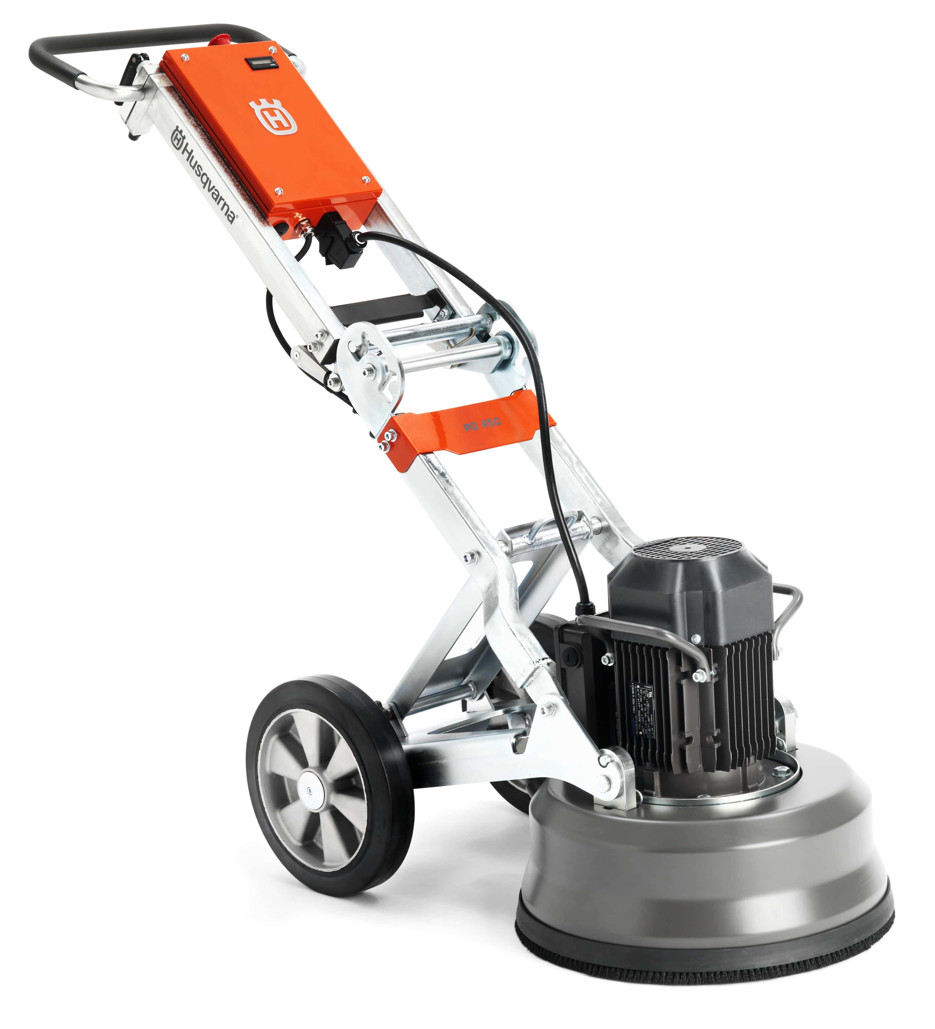 Three-quarter studio view of the Husqvarna PG 450 planetary floor grinder, showcasing its robust 18-inch grinding head, adjustable metal frame, and large transport wheels for industrial concrete polishing.