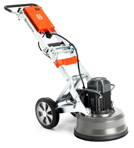 Three-quarter studio view of the Husqvarna PG 450 planetary floor grinder, showcasing its robust 18-inch grinding head, adjustable metal frame, and large transport wheels for industrial concrete polishing.