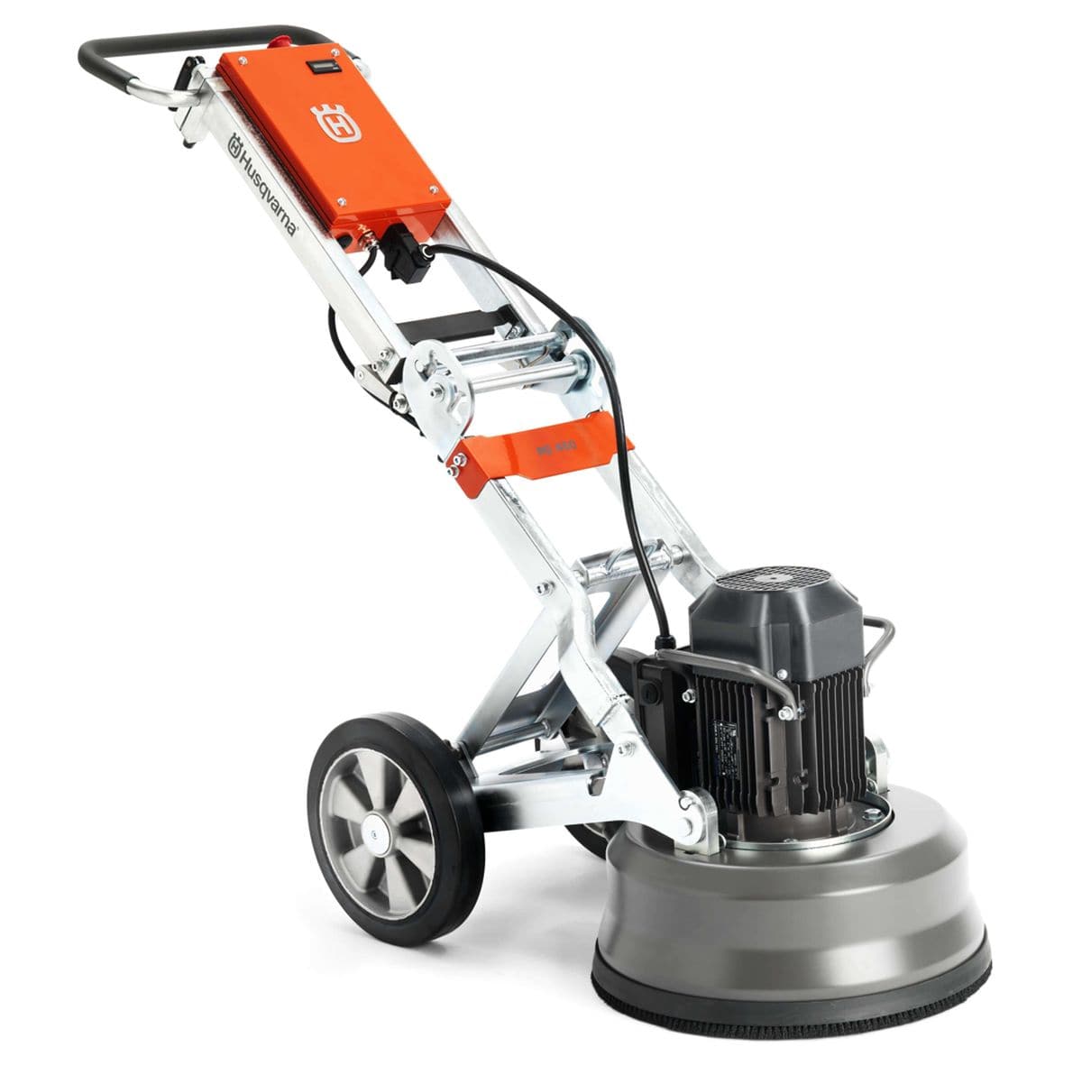 Three-quarter studio view of the Husqvarna PG 450 planetary floor grinder, showcasing its robust 18-inch grinding head, adjustable metal frame, and large transport wheels for industrial concrete polishing.