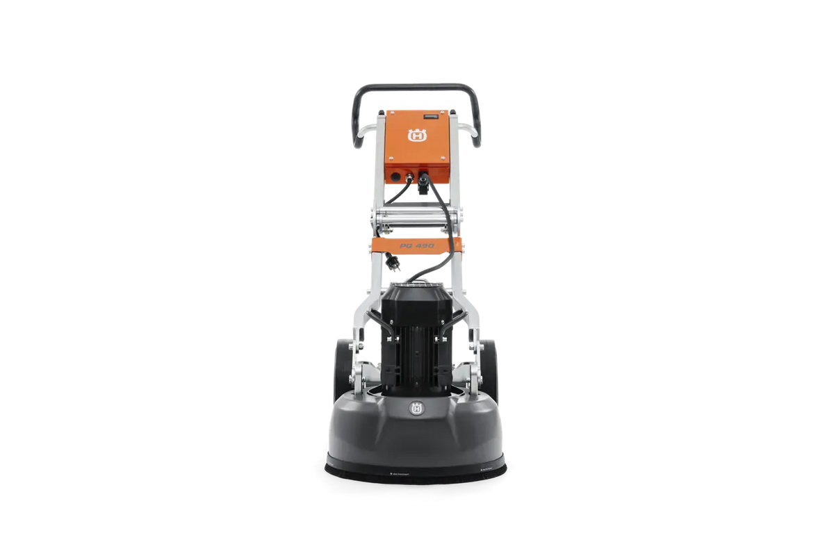 Front-facing view of the Husqvarna PG 450 planetary grinder, emphasizing the centralized motor housing and the orange control box designed for user-friendly operation in domestic floor repair.
