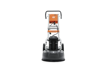 Front-facing view of the Husqvarna PG 450 planetary grinder, emphasizing the centralized motor housing and the orange control box designed for user-friendly operation in domestic floor repair.