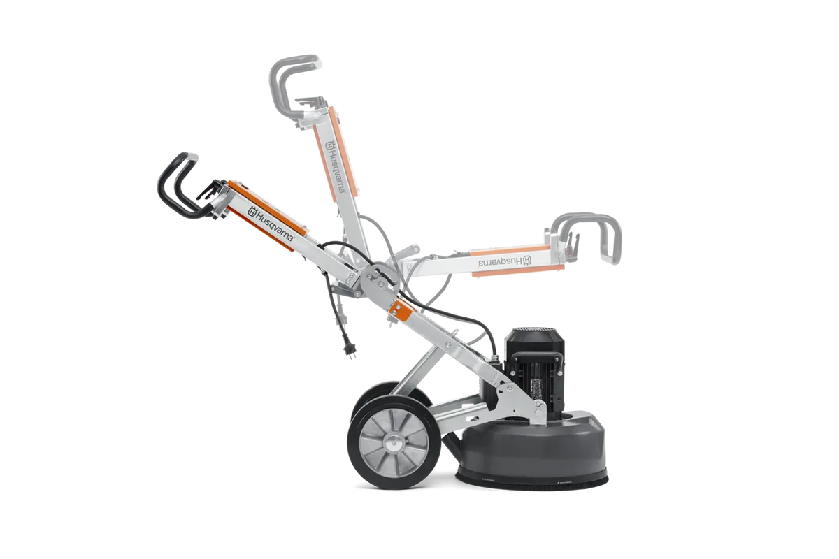 Transparent overlay graphic showing the Husqvarna PG 450 with its adjustable handlebar in multiple positions, demonstrating the 3-step height adjustment for optimized operator ergonomics.