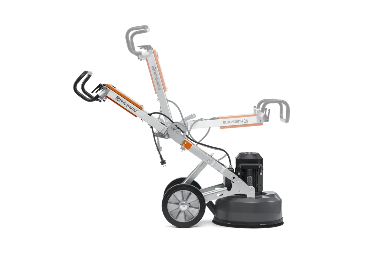 Transparent overlay graphic showing the Husqvarna PG 450 with its adjustable handlebar in multiple positions, demonstrating the 3-step height adjustment for optimized operator ergonomics.