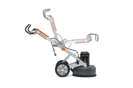 Transparent overlay graphic showing the Husqvarna PG 450 with its adjustable handlebar in multiple positions, demonstrating the 3-step height adjustment for optimized operator ergonomics.