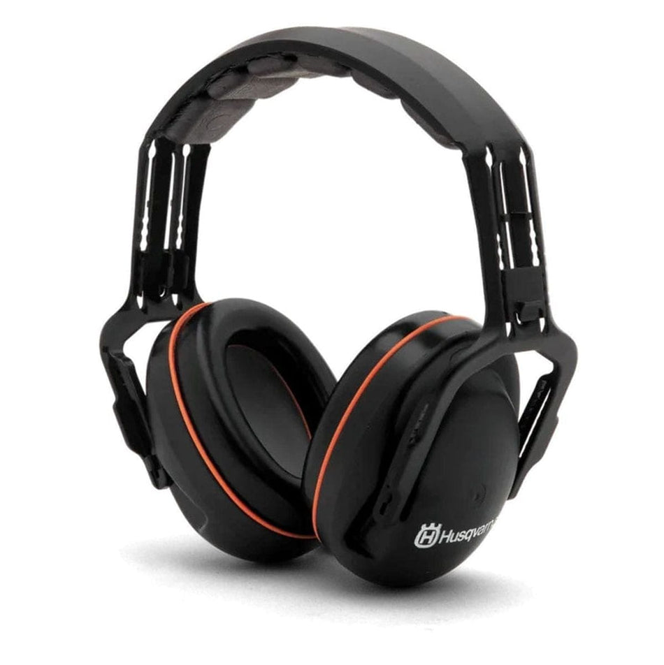 A professional studio photograph of the Husqvarna 531300089 Professional Headband Hearing Protectors, featuring a black and orange padded headband and deep clamshell ear muffs for noise reduction.
