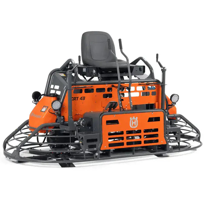 Husqvarna CRT 48 dual-fuel ride-on trowel featuring twin steering levers and double 48-inch rotors for commercial concrete finishing.