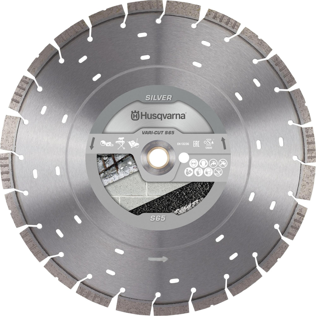 Husqvarna Vari-Cut S65 20-inch diamond blade with 0.5-inch hybrid segments and 1-inch arbor for cutting concrete, brick, block, and asphalt.