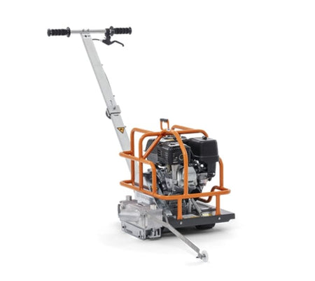 Studio shot of the Husqvarna Soff-Cut 150 walk-behind concrete saw against a white background, featuring a silver folding handle, an orange protective roll cage around the engine, and a low-noise blade block enclosure at the base with a front guide arm extended.