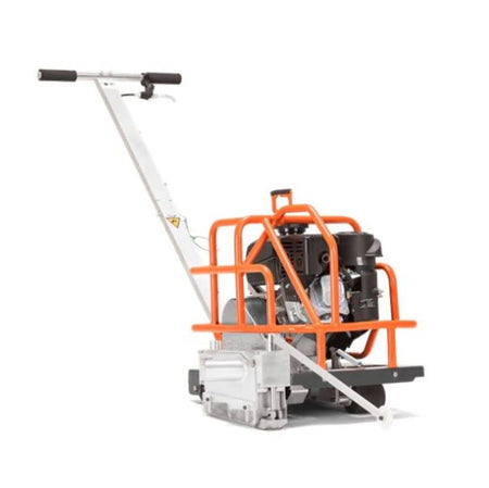 Studio shot of the Husqvarna Soff-Cut 150 walk-behind concrete saw against a white background, featuring a silver folding handle, an orange protective roll cage around the engine, and a low-noise blade block enclosure at the base with a front guide arm extended.