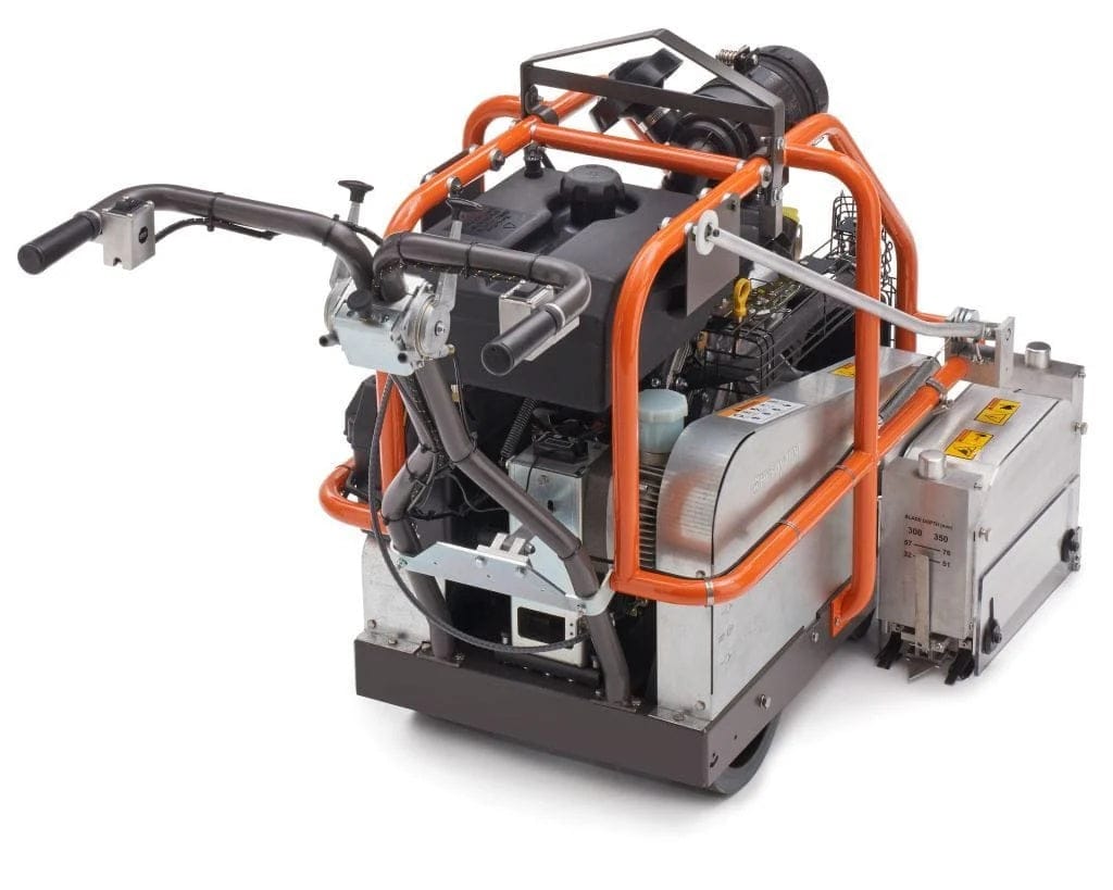 A rear isometric view of the Husqvarna Soff-Cut 4000, highlighting the 20HP Kohler gas engine, the black 4.34-gallon fuel tank with a top-mounted cap, and the electric depth control controls on the handlebar.