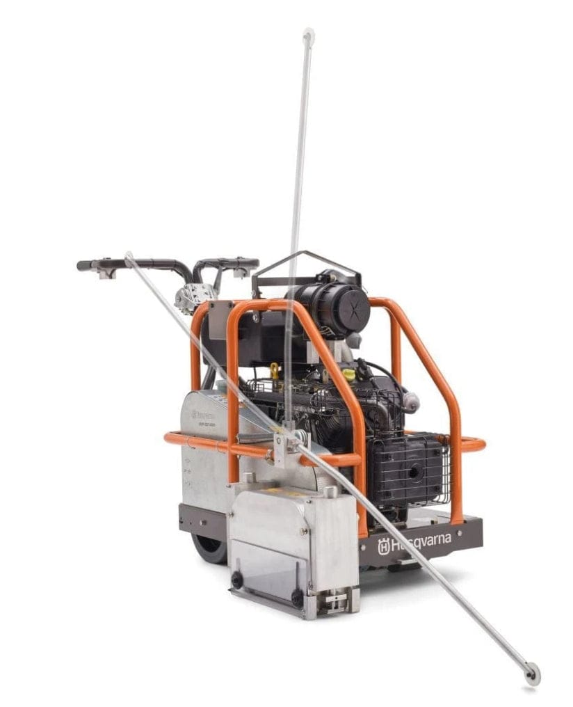 A side-view studio shot of the Husqvarna Soff-Cut 4000 concrete saw with its mechanical front guide arm extended forward and down to demonstrate the early-entry cutting position.