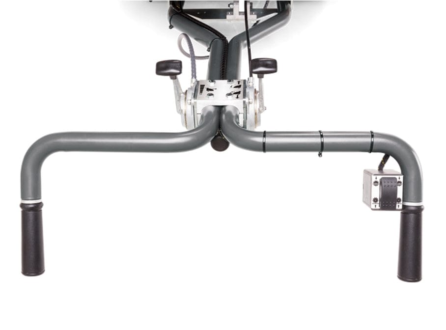 A top-down view of the operator console on a Husqvarna Soff-Cut 4000 concrete saw, showing the gray tubular handlebars, black rubber grips, and mechanical control levers with etched instructional icons.