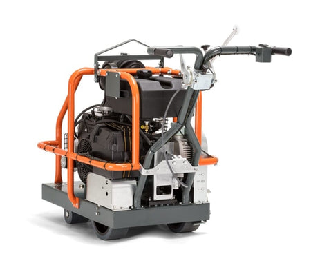 A rear profile shot of the Husqvarna Soff-Cut 4000 saw, showcasing the wide-set gray handlebars with a control box and the heavy-duty rear wheels designed for stable paving joint crack control.