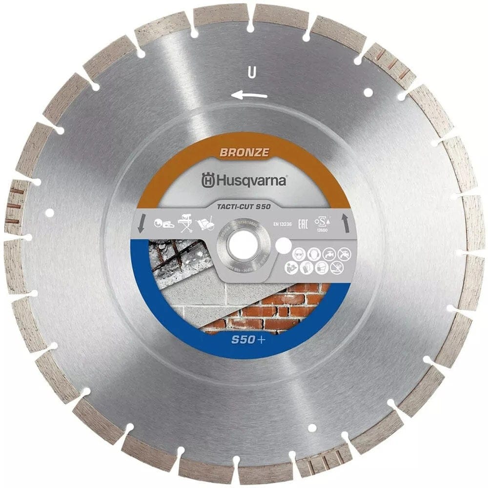 Studio shot of the Husqvarna Tacti-Cut S50 14-inch diamond blade showing the segmented rim and silver steel core, with an orange, white, and blue center label marked 'Bronze' and 'S50+' alongside icons for reinforced concrete and brick applications.