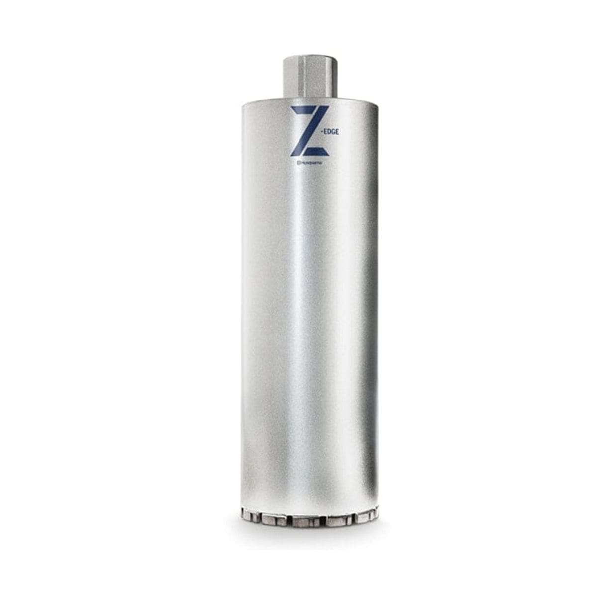 A professional studio photograph of the Husqvarna Vari-Drill B30 diamond core bit, featuring a 2-1/2-inch diameter silver metallic tube, blue Z-Edge branding, and a threaded mounting hub for professional wet drilling.