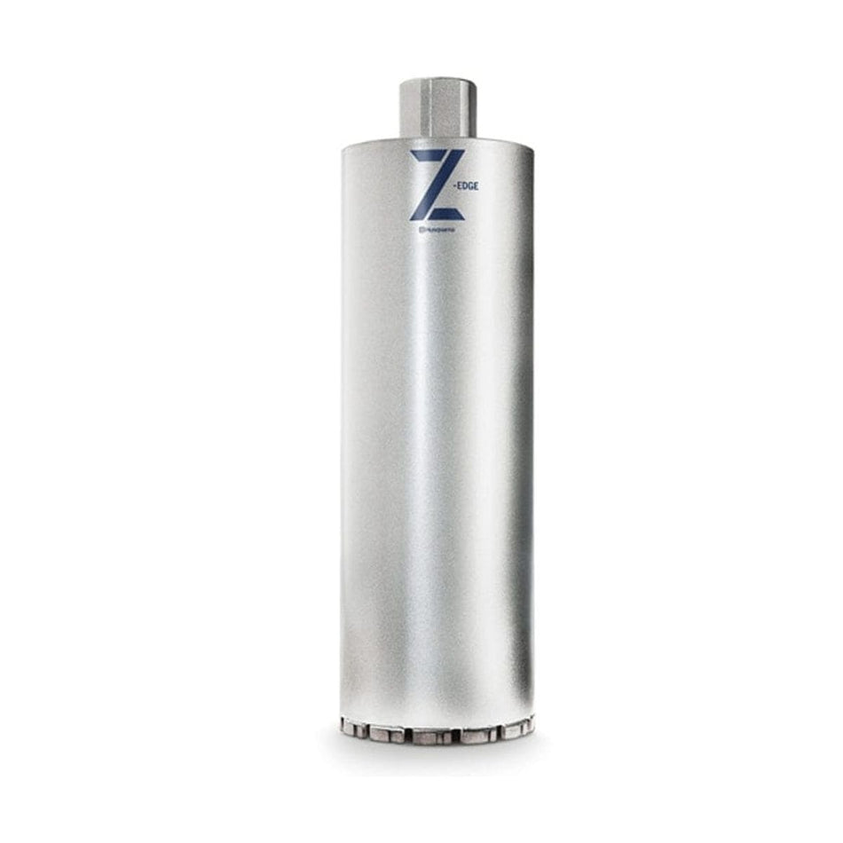 A professional studio photograph of the Husqvarna Vari-Drill B30 diamond core bit, featuring a 2-1/2-inch diameter silver metallic tube, blue Z-Edge branding, and a threaded mounting hub for professional wet drilling.