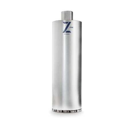 A professional studio photograph of the Husqvarna Vari-Drill B30 diamond core bit, featuring a 2-1/2-inch diameter silver metallic tube, blue Z-Edge branding, and a threaded mounting hub for professional wet drilling.