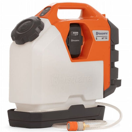 Close-up side profile of the WT15i 4-gallon battery-powered water tank emphasizing the Husqvarna branding on the translucent white tank and the orange power head.