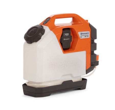 Profile view of the Husqvarna WT15i water tank showing the white 4-gallon reservoir, orange top housing with carrying handle, and the BLi battery inserted into the side compartment.