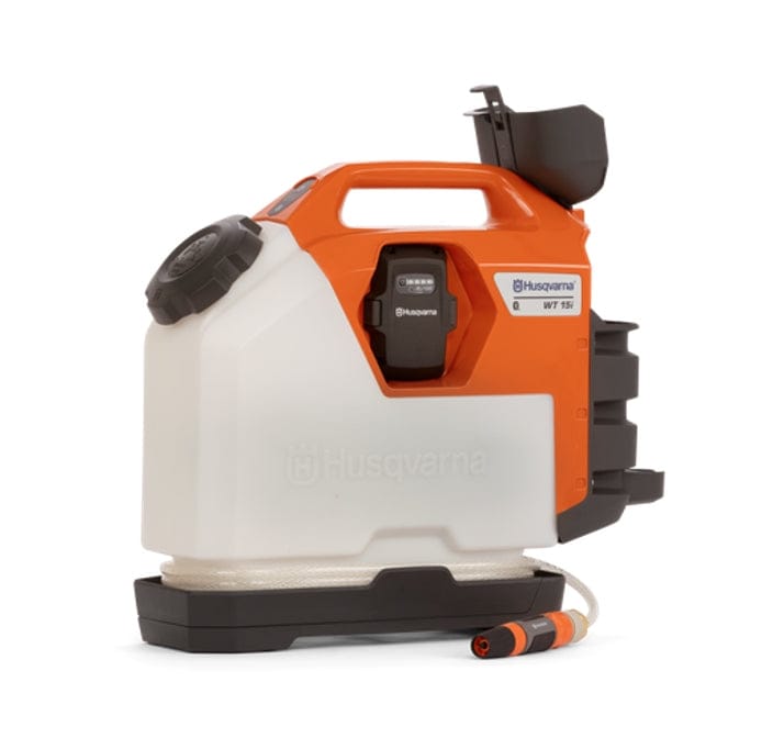 Side view of the WT15i water tank with the battery compartment cover raised and the water hose spray nozzle resting on the ground in front of the unit.