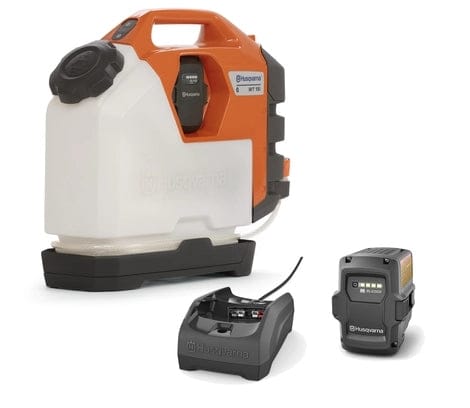 Product kit overview featuring the Husqvarna WT15i water tank alongside a standalone BLi200 lithium-ion battery with LED charge indicators and a 40-C80 battery charger.