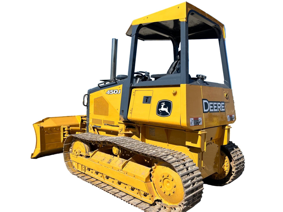 Yellow John Deere bulldozer on a construction site with clear blue sky.