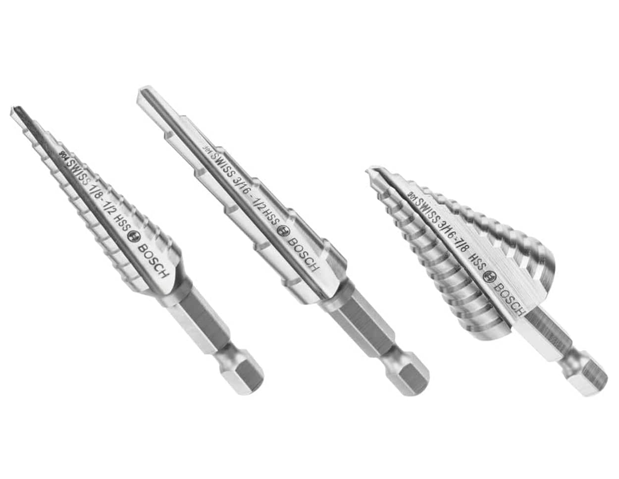 A studio shot of the three Bosch HSS Turbo step drill bits from the set, shown at an angle.