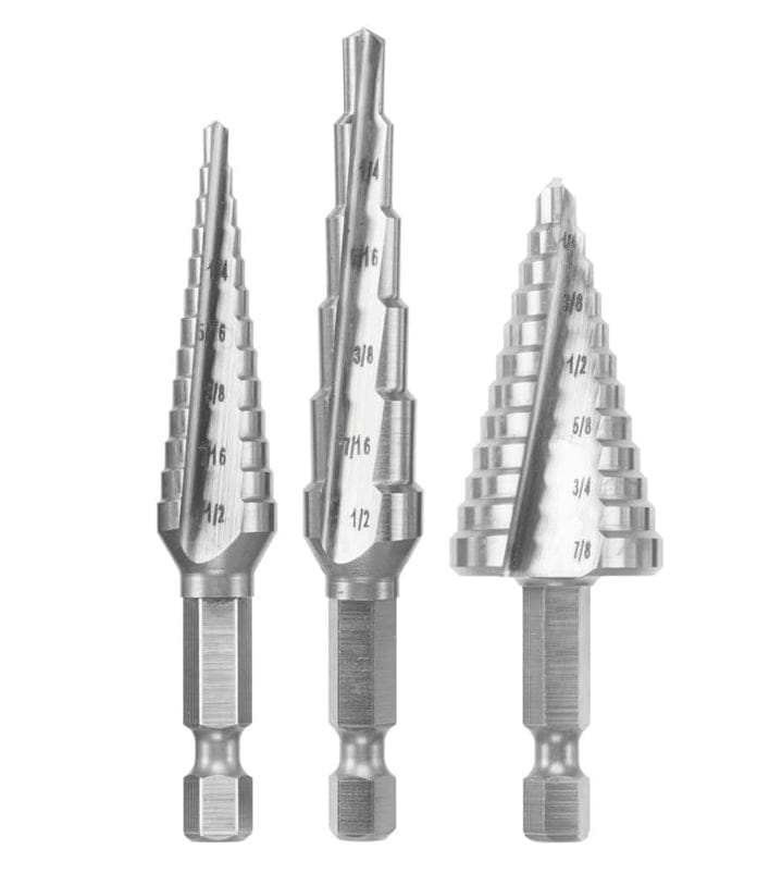 A studio shot of the three Bosch step drill bits, shown in a row to compare their different sizes and step profiles.