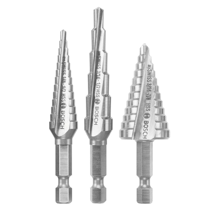 A studio shot of the three Bosch step drill bits from the set, lined up in a row.