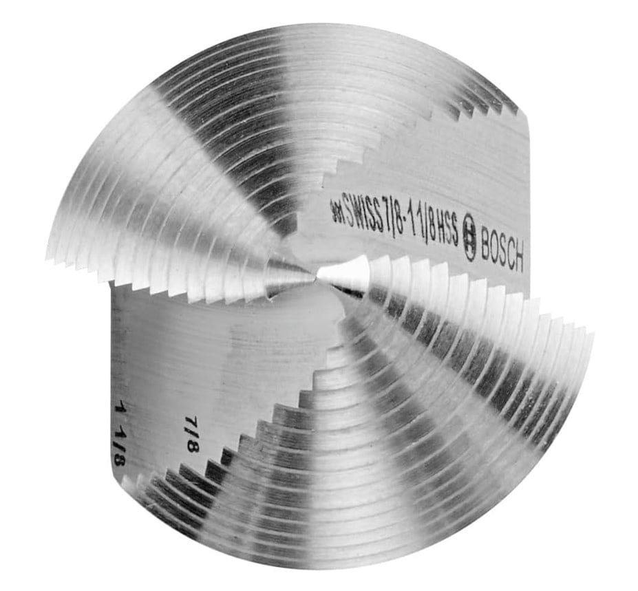 A close-up, abstract macro view of the dual spiral flutes and cutting edges of a Bosch HSS Turbo step drill bit.