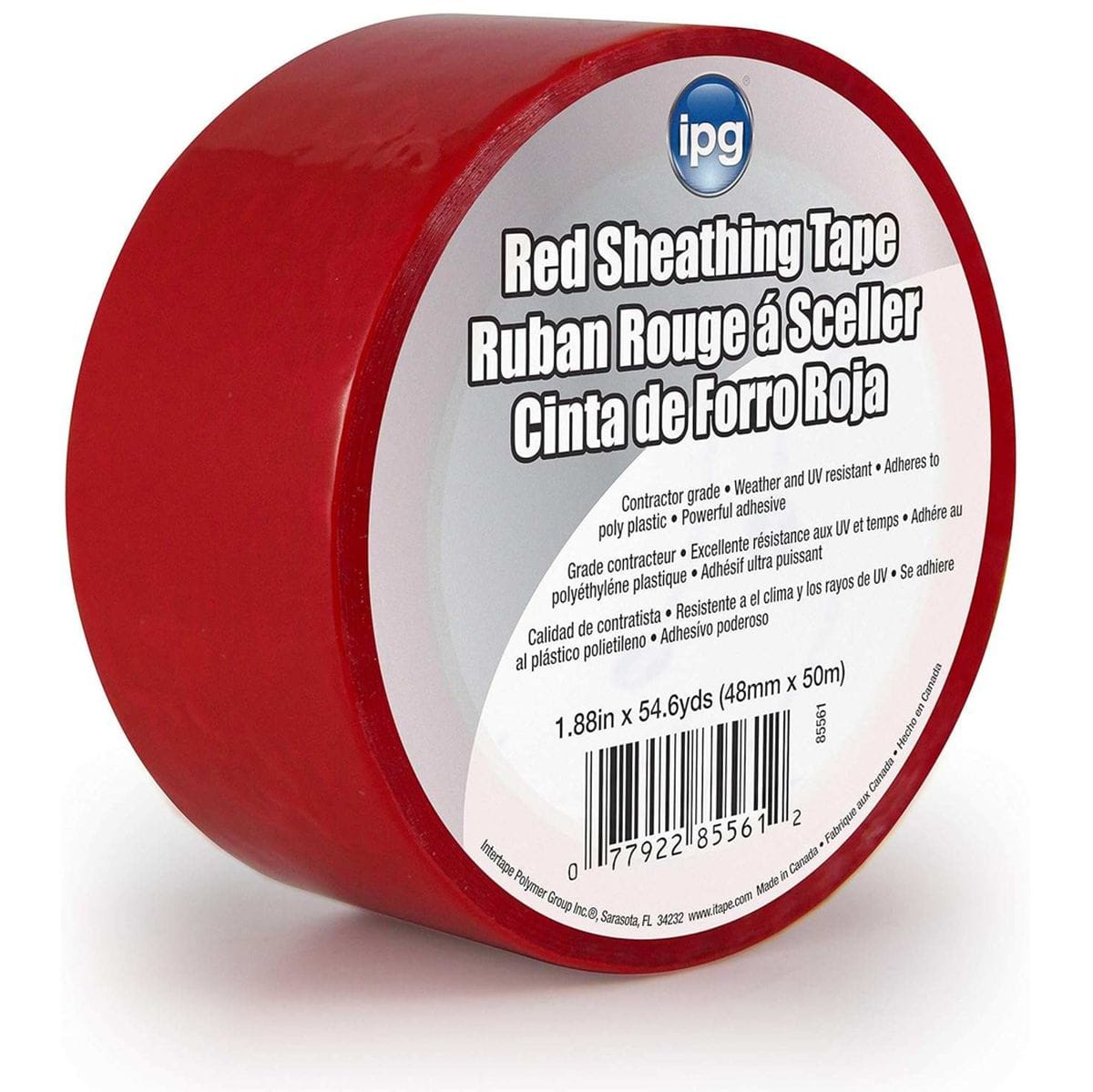 A close-up view of a roll of red IPG Red Sheathing Tape, featuring a white label with technical specifications in English, French, and Spanish, including the size 1.88 inches by 54.6 yards.