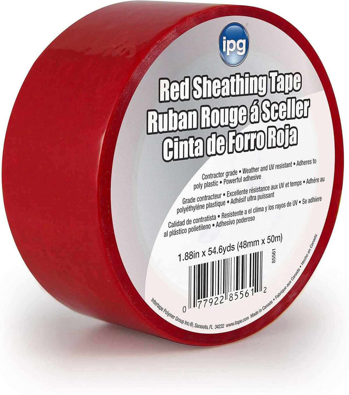 A close-up view of a roll of red IPG Red Sheathing Tape, featuring a white label with technical specifications in English, French, and Spanish, including the size 1.88 inches by 54.6 yards.
