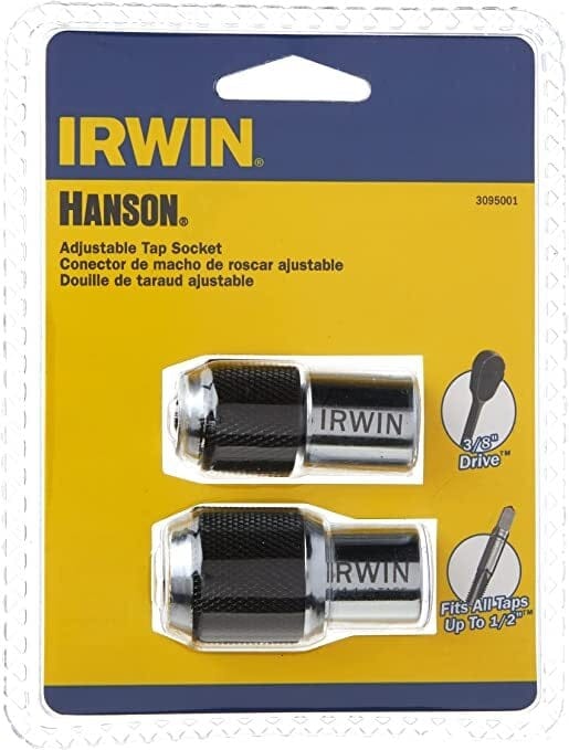  Two small, smooth metal cylinders, each with a square opening at one end and a threaded section at the other. These are Irwin Hanson adjustable tap sockets, designed to securely hold a tap, the tool used for creating internal screw threads, so it can be turned with a wrench.