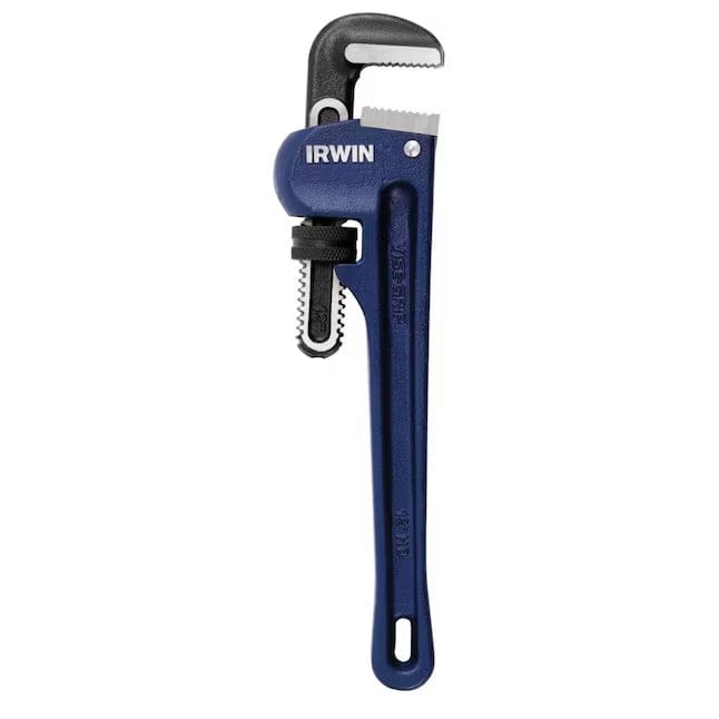 Studio side view of the IRWIN 14 inch VISE-GRIP pipe wrench, showing the blue cast iron I-Beam handle, drop-forged adjustable jaw, and integrated hammer head end