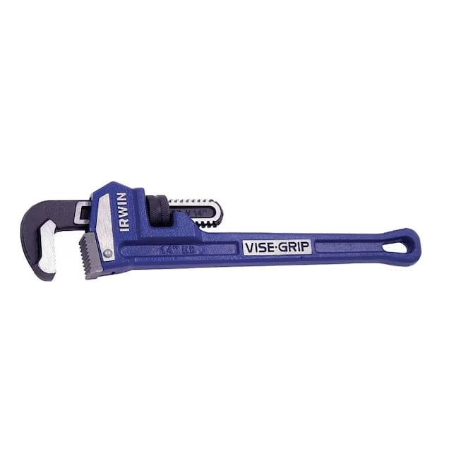 Studio vertical view of the IRWIN 14 inch pipe wrench, highlighting the hardened teeth of the fixed and adjustable drop-forged jaws and the easy-spin adjustment nut