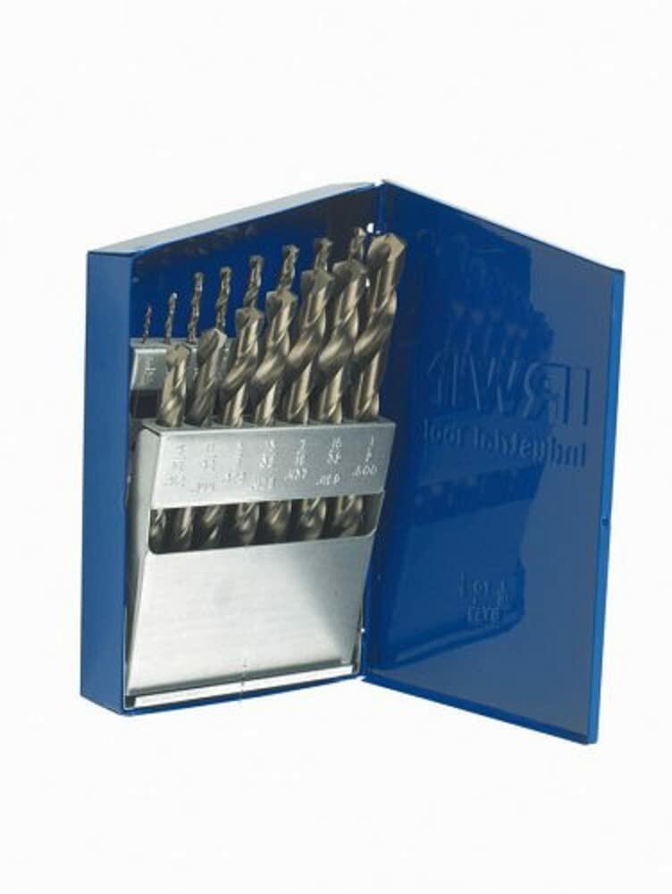The open, blue metal index case containing 15 Cobalt Alloy Steel jobber length drill bits arranged sequentially in the internal metal stand.