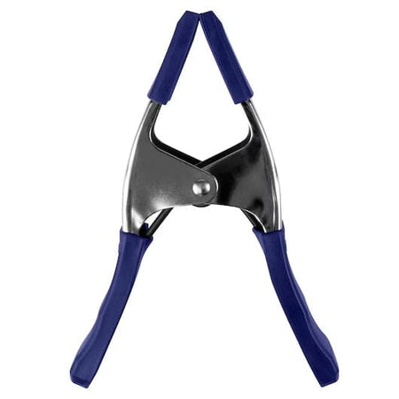 Front view studio shot of the IRWIN spring clamp closed, highlighting the non-marring blue soft grip pads that protect materials