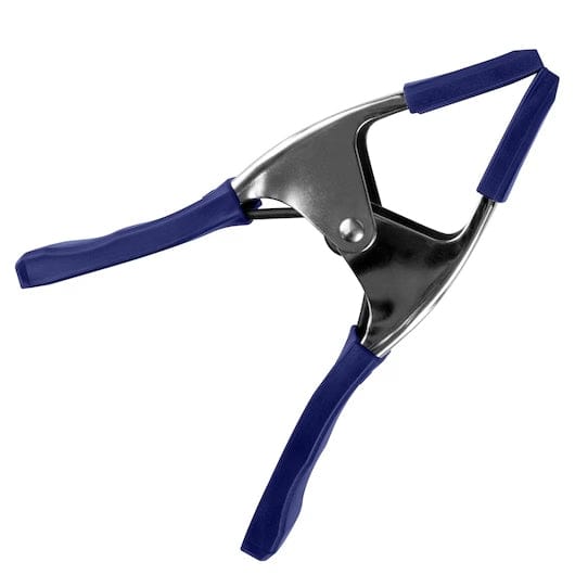 Studio shot of the IRWIN spring clamp opened wide to its 3-inch capacity, highlighting the maximum jaw opening and durable construction