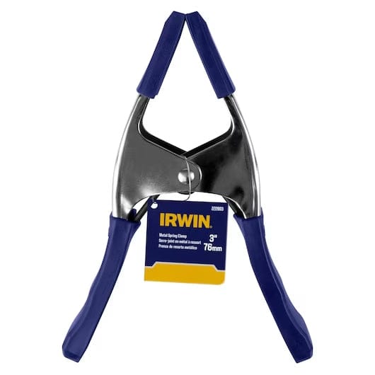 Studio shot of the IRWIN 3-inch metal spring clamp with the retail tag attached, confirming the 3-inch clamping capacity