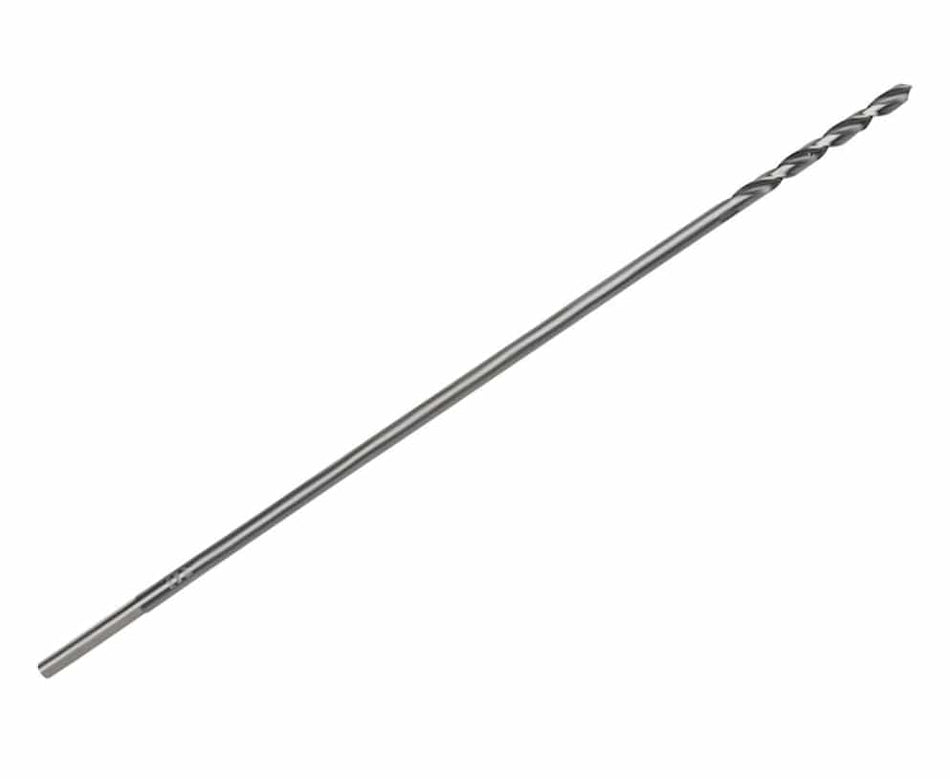 Full studio view of the IRWIN 3/8 inch by 18 inch long wood installer drill bit, showing the entire shaft and the fluted drilling tip