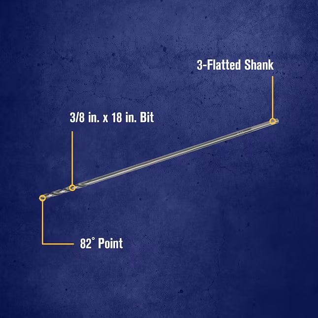 Infographic diagram of the IRWIN installer drill bit labeling its key specifications: 3/8 inch by 18 inch size, 3-flatted shank, and 82 degree point