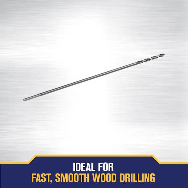 Studio shot of the 3/8 inch by 18 inch installer drill bit with text promoting fast, smooth wood drilling performance
