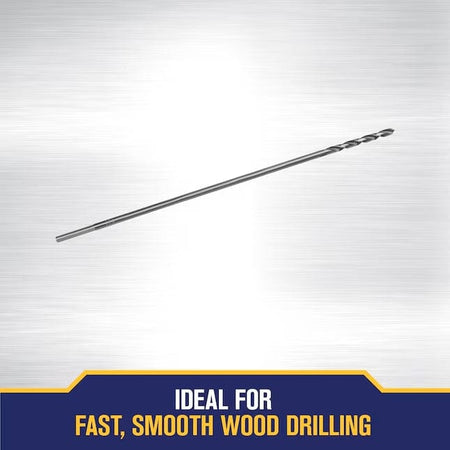 Studio shot of the 3/8 inch by 18 inch installer drill bit with text promoting fast, smooth wood drilling performance