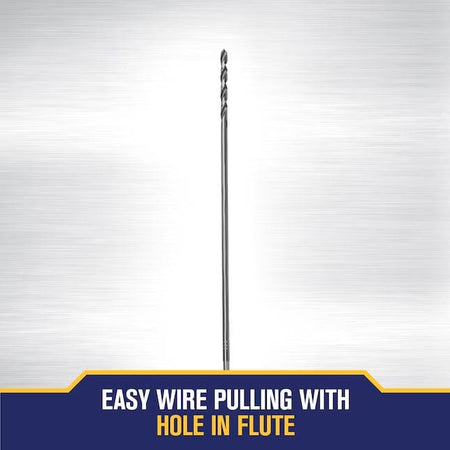 Studio shot of the installer drill bit with graphic text highlighting the "EASY WIRE PULLING WITH HOLE IN FLUTE" feature for cable routing