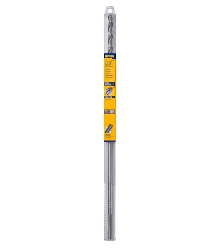 The IRWIN 3/8 inch by 18 inch wood installer drill bit shown inside its clear plastic retail packaging tube